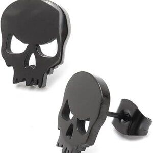 Skull Silhouette Post Black Stud Earring Set Stainless Steel Black Goth‎ Punk